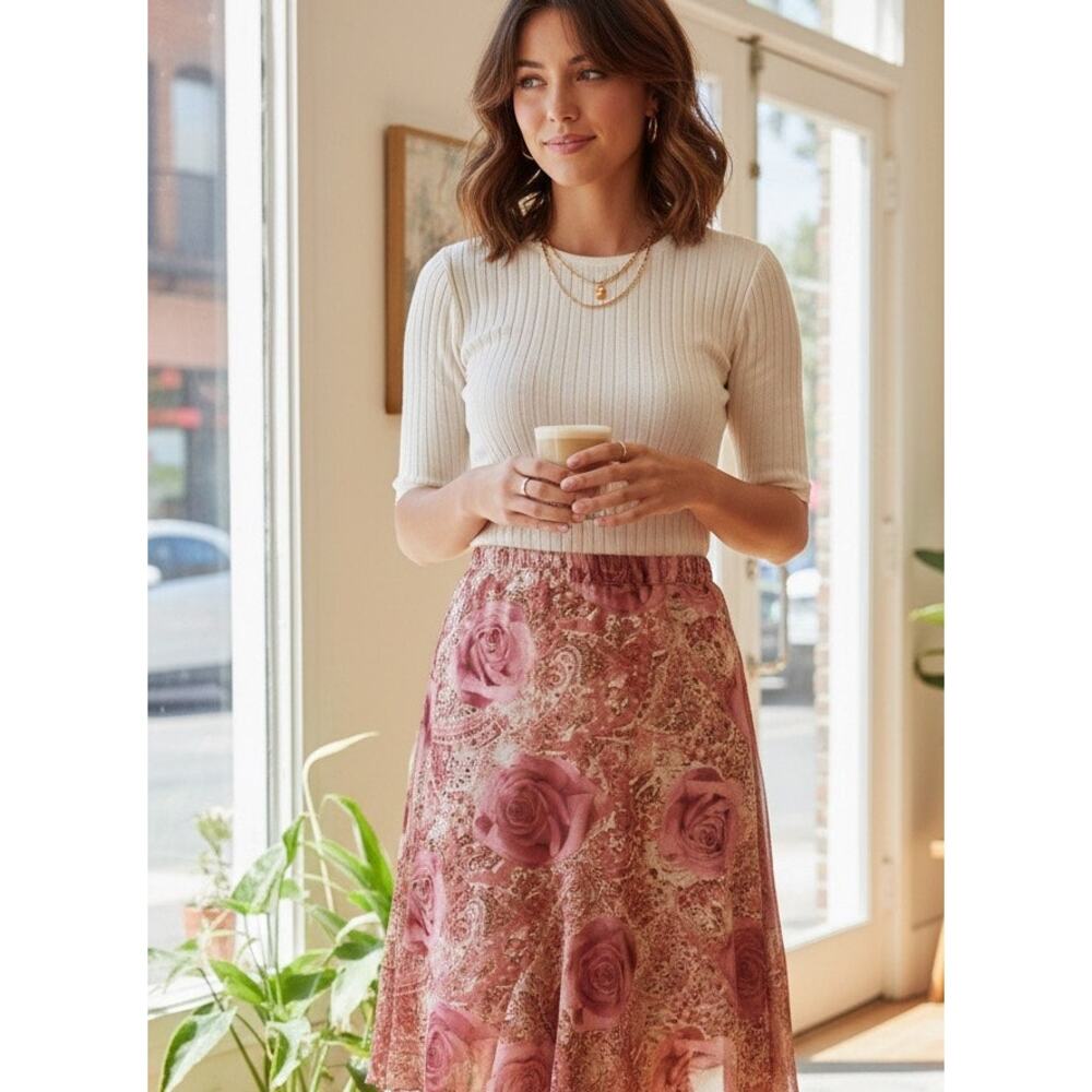 Y2K Rose Motif Mesh Fabric Hanky Hem Skirt